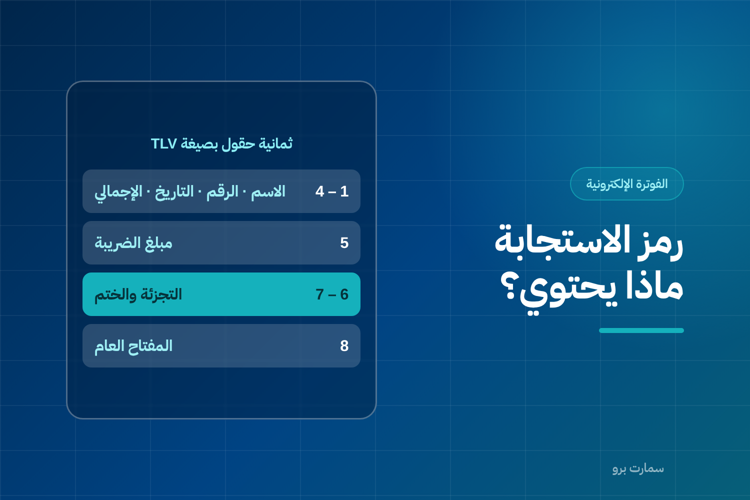 غلاف مقال رمز الاستجابة السريعة في الفاتورة الإلكترونية، وفيه الحقول الثمانية بصيغة TLV من اسم البائع إلى المفتاح العام