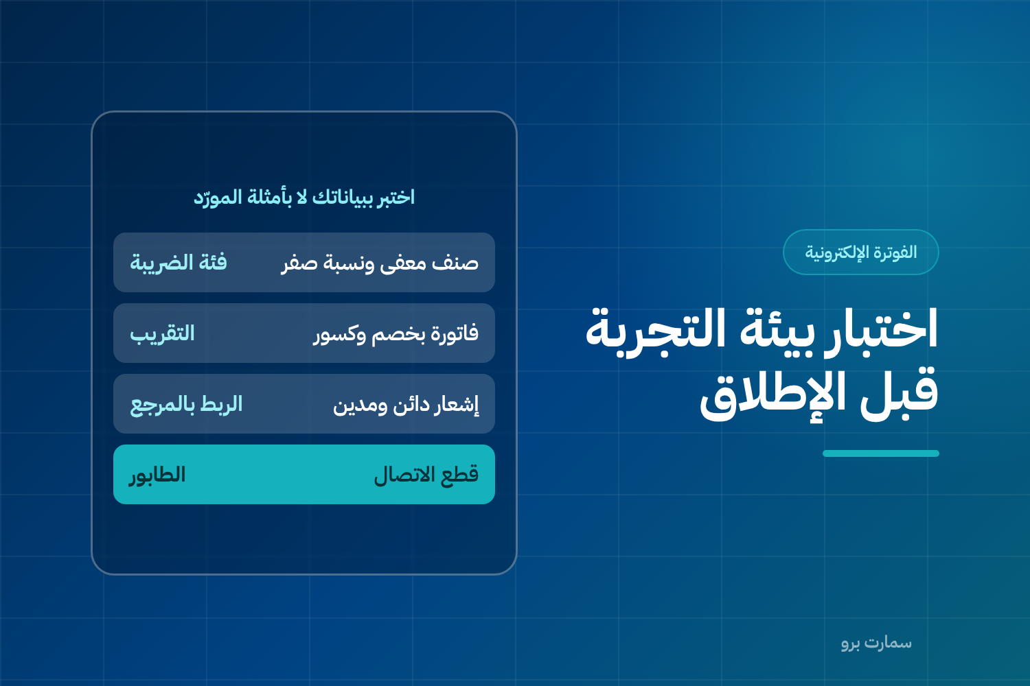 غلاف مقال اختبار بيئة التجربة، وفيه الحالات الواجب اختبارها: الصنف المعفى والخصم والكسور والإشعارات وقطع الاتصال