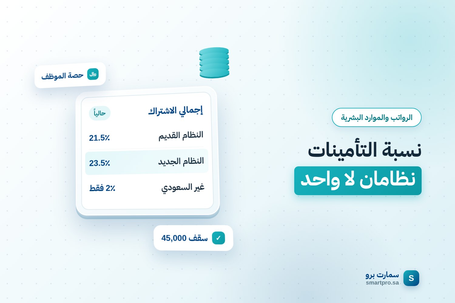 Cover for the GOSI rates article: a card comparing total contributions under the old and new schemes and for non-Saudis
